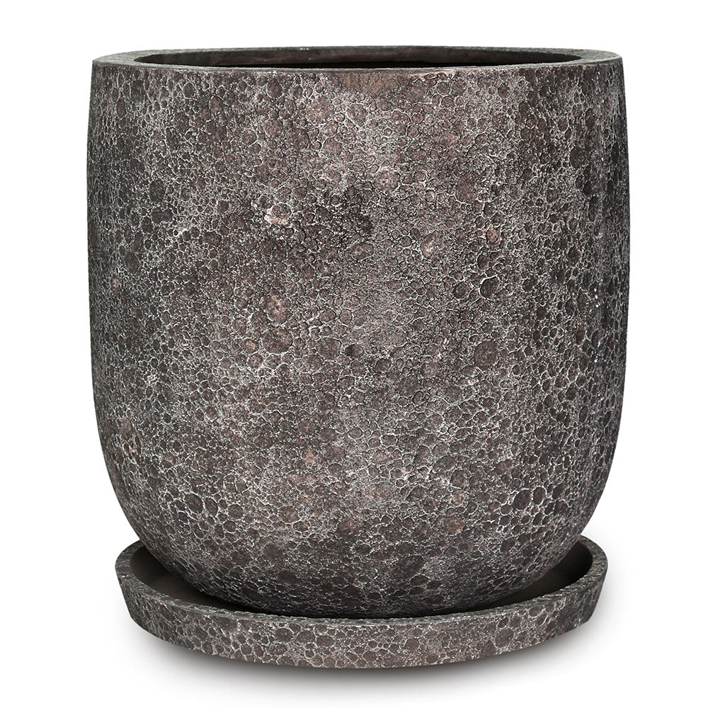 ROWENA DARK GREY FIBER COMPOSITE PLANTER WITH SAUCER D45CM - حوض روينا مع صحن مستدير