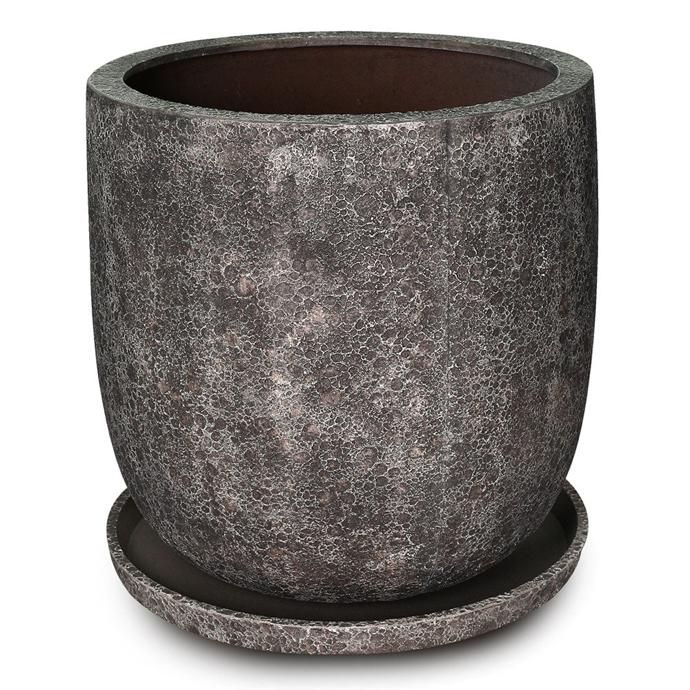 ROWENA DARK GREY FIBER COMPOSITE PLANTER WITH SAUCER D55CM - حوض روينا مع صحن مستدير