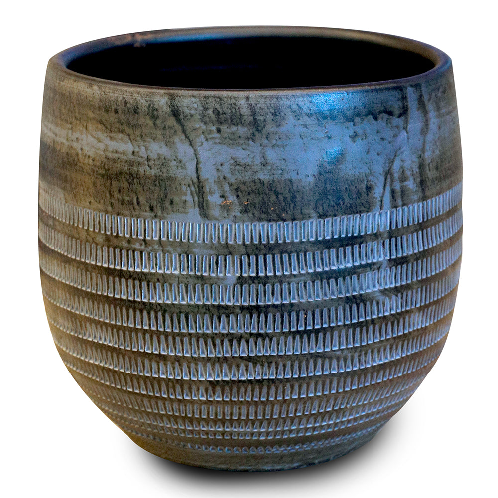 WHITE ORCHID IN ROUND DAHN BLUE-BROWN CERAMIC POT - أوركيد أبيض في حوض سيراميك دائري