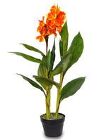 ARTIFICIAL CANNA PLANT ORANGE FLOWER IN GREY STONE ROUND CERAMIC POT- كنّا صناعى-زهور برتقالي في حوض سيراميك دائري من الحجر الرمادي
